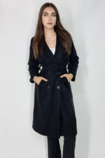 Palton subtire Moya, accesorizat cu nasturi si cordon in talie, Negru, Marime universala S/M