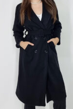 Palton subtire Moya, accesorizat cu nasturi si cordon in talie, Negru, Marime universala S/M - imagine 2