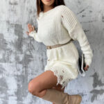 Pulover lung tricotat Laura, cu decupaje in material, Alb, Marime universala S/M/L