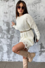 Pulover lung tricotat Laura, cu decupaje in material, Alb, Marime universala S/M/L