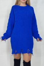 Pulover lung tricotat Laura, cu decupaje in material, Albastru, Marime universala S/M/L - imagine 2