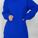 Pulover lung tricotat Laura, cu decupaje in material, Albastru, Marime universala S/M/L
