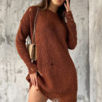 Pulover lung tricotat Laura, cu decupaje in material, Maro, Marime universala S/M/L
