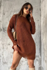 Pulover lung tricotat Laura, cu decupaje in material, Maro, Marime universala S/M/L