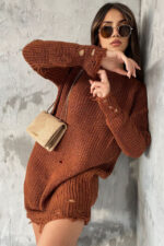 Pulover lung tricotat Laura, cu decupaje in material, Maro, Marime universala S/M/L - imagine 2
