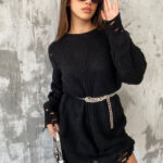 Pulover lung tricotat Laura, cu decupaje in material, Negru, Marime universala S/M/L