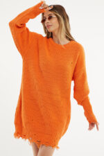 Pulover lung tricotat Laura, cu decupaje in material, Portocaliu, Marime universala S/M/L