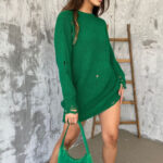 Pulover lung tricotat Laura, cu decupaje in material, Verde, Marime universala S/M/L