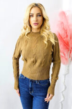 Pulover scurt tricotat Cozy Ode, cu model simetric, Bej, Marime S/M - imagine 2