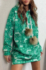 Rochie tip hanorac Ivona, cu tematica de Craciun si ciucuri oversize, Deer Heart, Verde - imagine 2