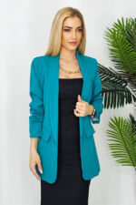 Sacou casual Adnana, cu revere rotunde si buzunare decorative, Turquoise, Marime universala S/M