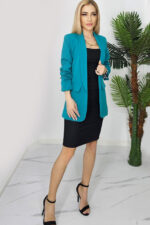 Sacou casual Adnana, cu revere rotunde si buzunare decorative, Turquoise, Marime universala S/M - imagine 2