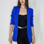 Sacou casual Alessia, cu revere rotunde si buzunare decorative, Albastru, Marime universala S/M