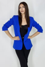 Sacou casual Alessia, cu revere rotunde si buzunare decorative, Albastru, Marime universala S/M - imagine 2