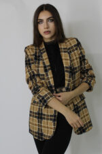 Sacou drept Ariana, fara inchidere, cu maneca lunga si buzunare decorative, Beige Cube, Marime universala S/M