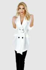 Sacou lung Petta, croiala asimetrica, cordon asortat si buzunare decorative, Alb, Marime universala S/M/L