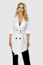 Sacou lung Petta, croiala asimetrica, cordon asortat si buzunare decorative, Alb, Marime universala S/M/L - imagine 2