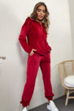 Trening de catifea Kary, pantaloni cu buzunare laterale si bluza cu fermoar, Rosu