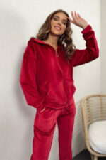 Trening de catifea Kary, pantaloni cu buzunare laterale si bluza cu fermoar, Rosu - imagine 2