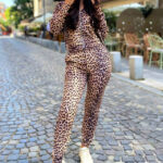 Trening de catifea Rosa, Animal print Bej, Marime S/M