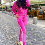 Trening de catifea Venus, bluza cu gluga si pantaloni cu banda elastica, Roz, Marime S/M