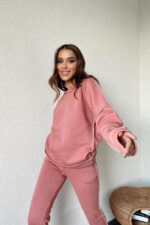 Trening vatuit Aliana, din bumbac, cu guler barcuta si cusaturi evidentiate, Roz somon