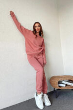 Trening vatuit Aliana, din bumbac, cu guler barcuta si cusaturi evidentiate, Roz somon - imagine 2