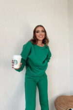 Trening vatuit Aliana, din bumbac, cu guler barcuta si cusaturi evidentiate, Verde