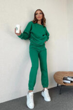 Trening vatuit Aliana, din bumbac, cu guler barcuta si cusaturi evidentiate, Verde - imagine 2