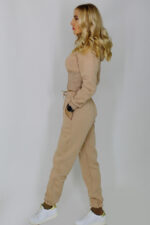 Trening vatuit Beatrice, pantaloni cu buzunare oversize si hanorac cu gluga si aspect elastic de corset, Crem - imagine 2