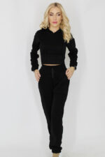 Trening vatuit Beatrice, pantaloni cu buzunare oversize si hanorac cu gluga si aspect elastic de corset, Negru