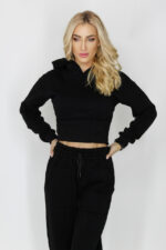 Trening vatuit Beatrice, pantaloni cu buzunare oversize si hanorac cu gluga si aspect elastic de corset, Negru - imagine 2