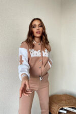 Trening vatuit Boston, din bumbac, pantaloni cu manseta lata si jacheta cu capse, Crem