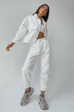 Trening vatuit dama, Arina, pantaloni lejeri si bluza cu capse, Alb - imagine 2