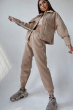 Trening vatuit dama, Arina, pantaloni lejeri si bluza cu capse, Bej - imagine 2