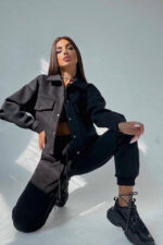 Trening vatuit dama, Arina, pantaloni lejeri si bluza cu capse, Negru - imagine 2