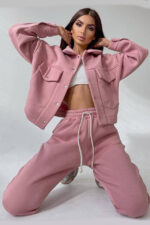Trening vatuit dama, Arina, pantaloni lejeri si bluza cu capse, Roz pudra