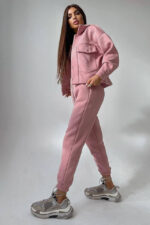 Trening vatuit dama, Arina, pantaloni lejeri si bluza cu capse, Roz pudra - imagine 2