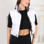 Vesta scurta de fas Yang, cu doua fete si fermoar, Alb/Leopard