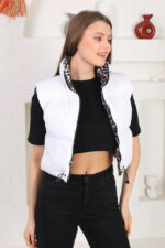 Vesta scurta de fas Yang, cu doua fete si fermoar, Alb/Leopard