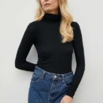 Bruuns Bazaar longsleeve din amestec de lana Angela culoarea negru, cu guler