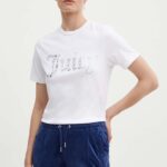 Juicy Couture tricou din bumbac DIAMANTE JEWEL GIRLFRIEND T-SHIRT- femei, culoarea alb, JCMCT224257