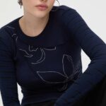 Desigual longsleeve femei, culoarea albastru marin