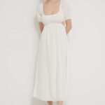 Billaing rochie in bumbac culoarea bej, midi, evazati, ABJWD00678