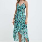 Morin rochie REUILLA culoarea turcoaz, maxi, evazati, REUILLA