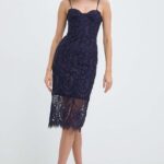 Bardot rochie FLOinCE culoarea albastru main, midi, mulata, 58401DB