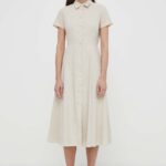 Theory rochie diin culoarea bej, midi, evazati