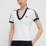 adidas Originals tricou 3-Stripe V-Neck Tee femei, culoarea alb, IR8114
