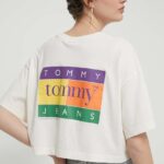 Tommy Jeans tricou din bumbac femei, culoarea bej, DW0DW18141