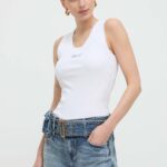 Karl Lagerfeld top din bumbac culoarea alb